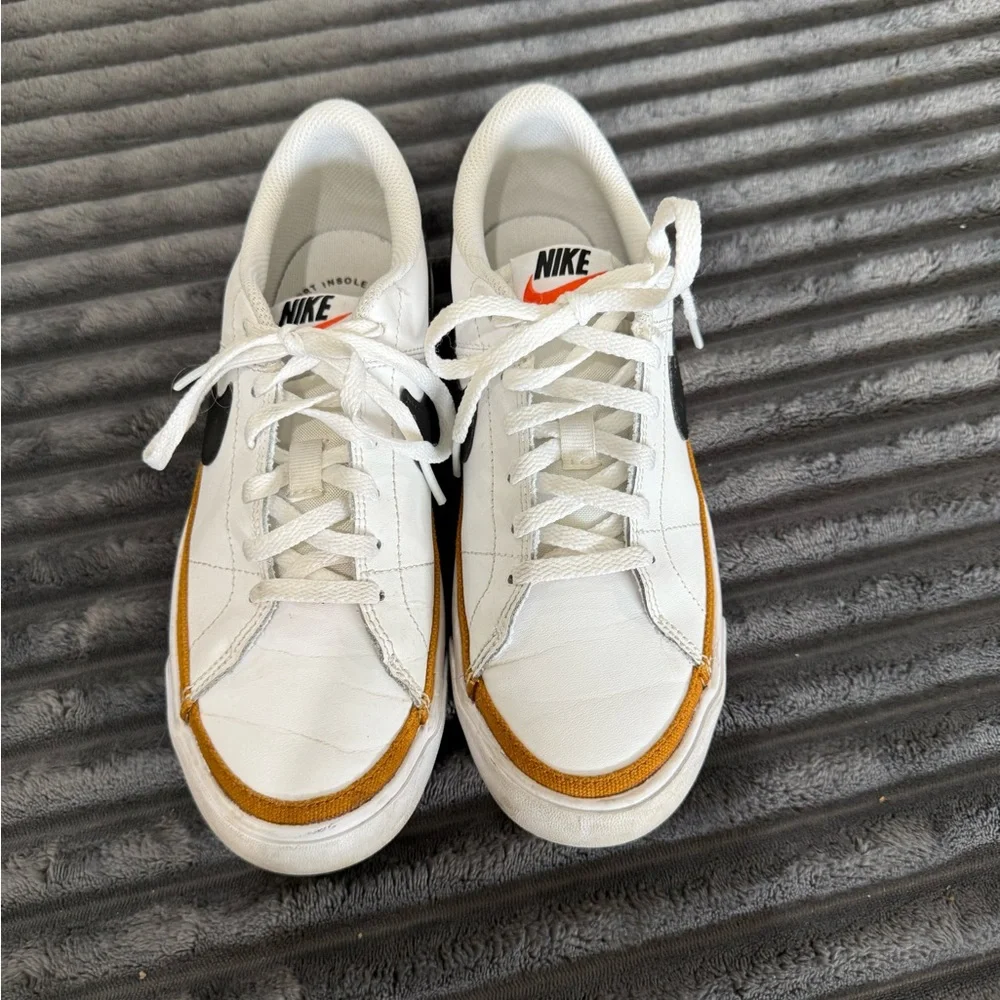 Nike Court Legacy White Leather Sneakers with Black Swoosh & Tan Accents